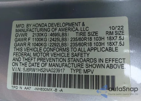 2022 Honda Cr-V 2Wd Ex из США, поврежденный, VIN 5J6RW1H52NA023917